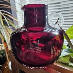 Vtg Dark Cranberry Red Glass vase Jug by Emanuel Beranek 1950s Skrdlovice Vase